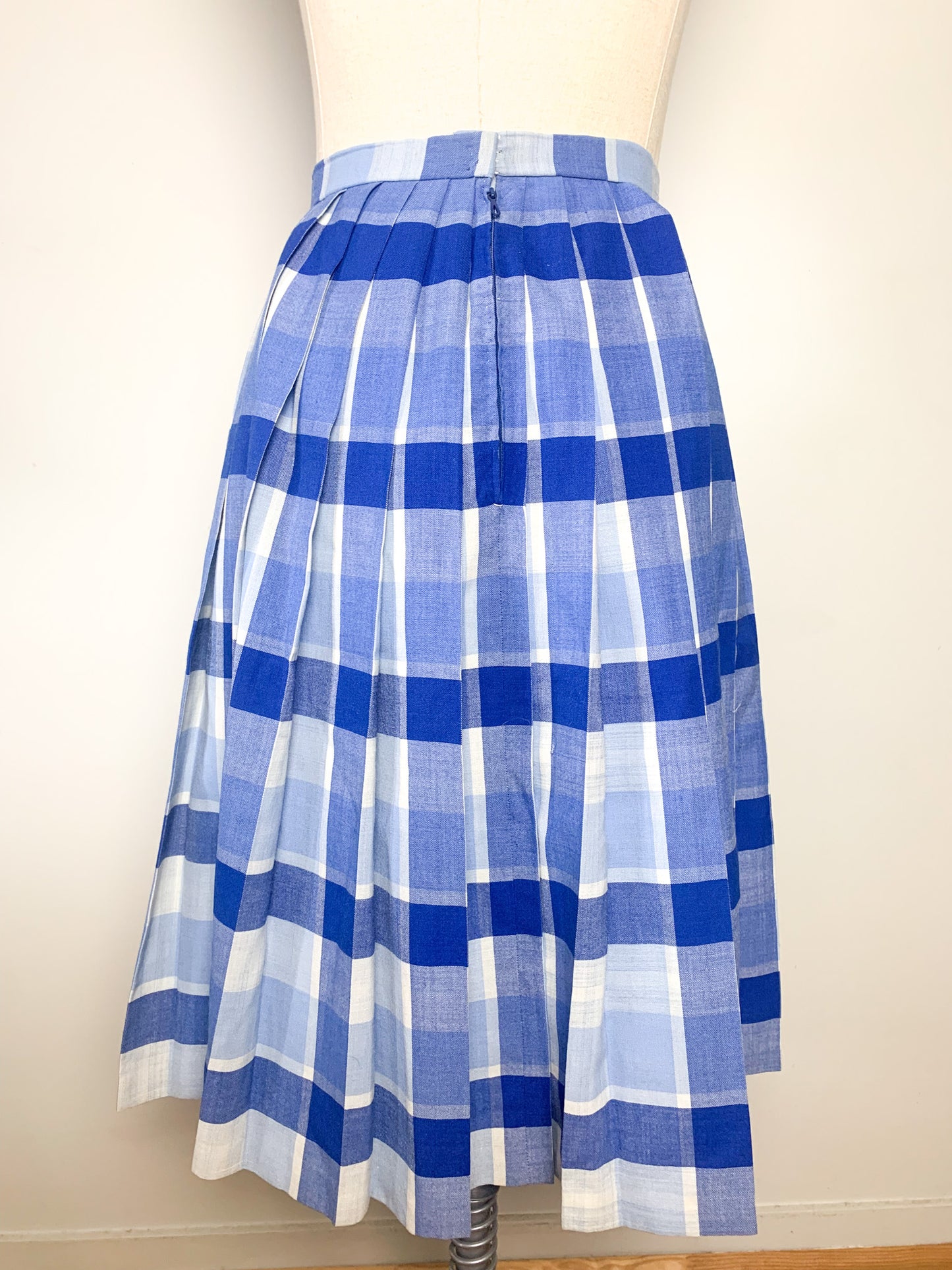 Jupe Plissée Vintage Légère à Carreaux Bleus & Blancs - Longueur Genoux - Années 70/80 - T. 34 FR (XS)