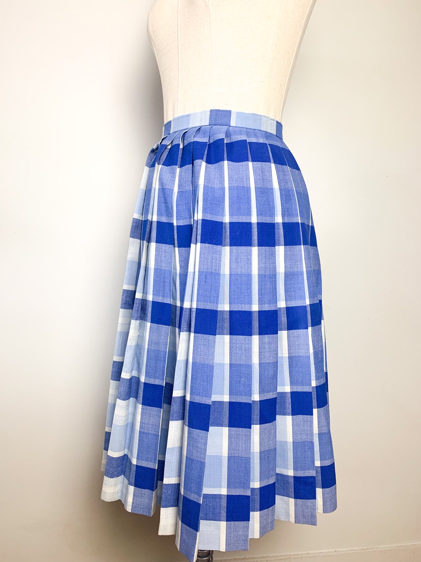 Jupe Plissée Vintage Légère à Carreaux Bleus & Blancs - Longueur Genoux - Années 70/80 - T. 34 FR (XS)