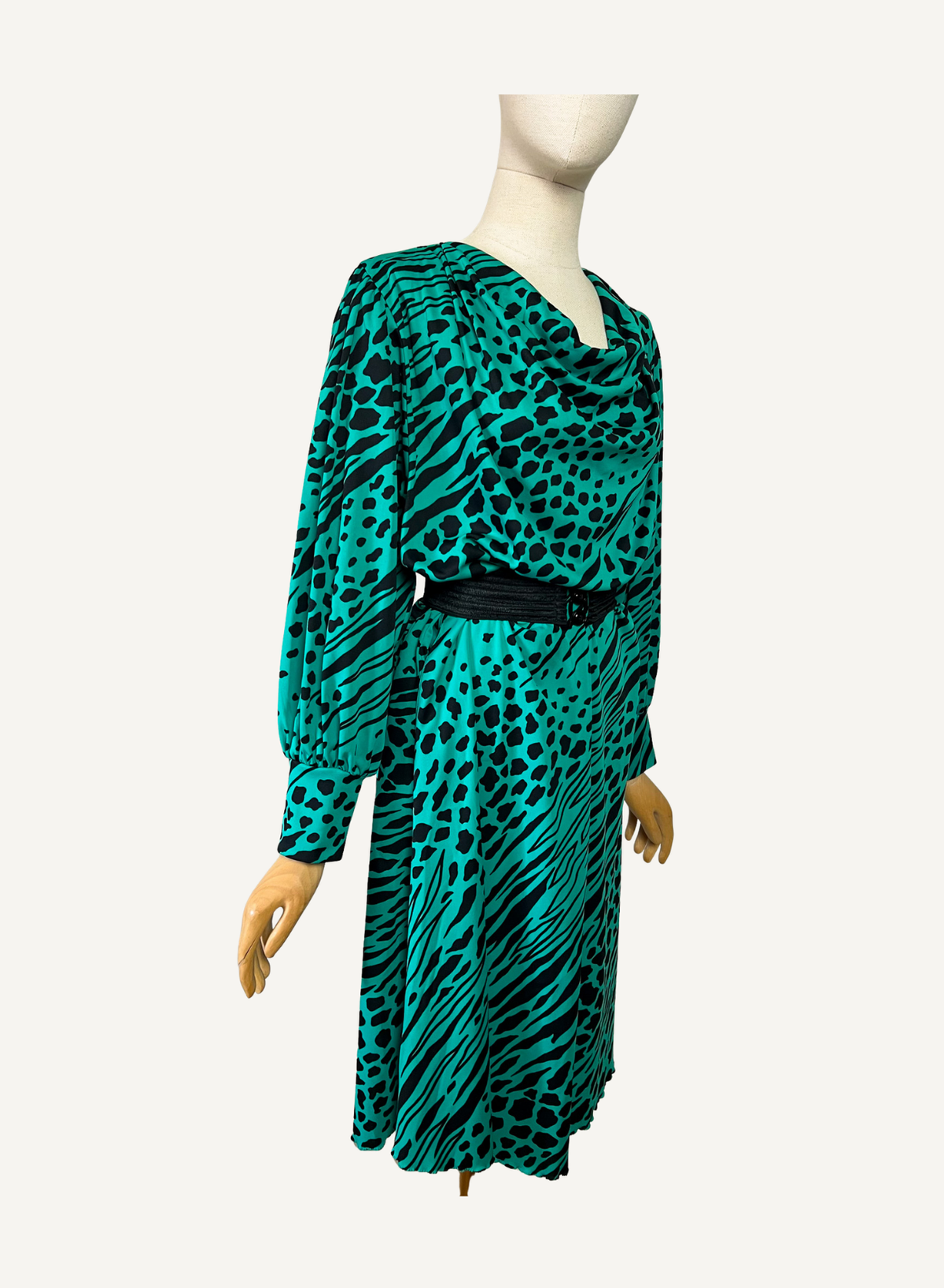 Robe Midi Vintage Verte & Noire - Imprimé Animalier - Made in France - T 40/42