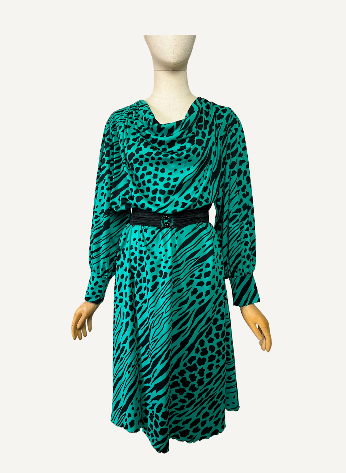 Robe Midi Vintage Verte & Noire - Imprimé Animalier - Made in France - T 40/42