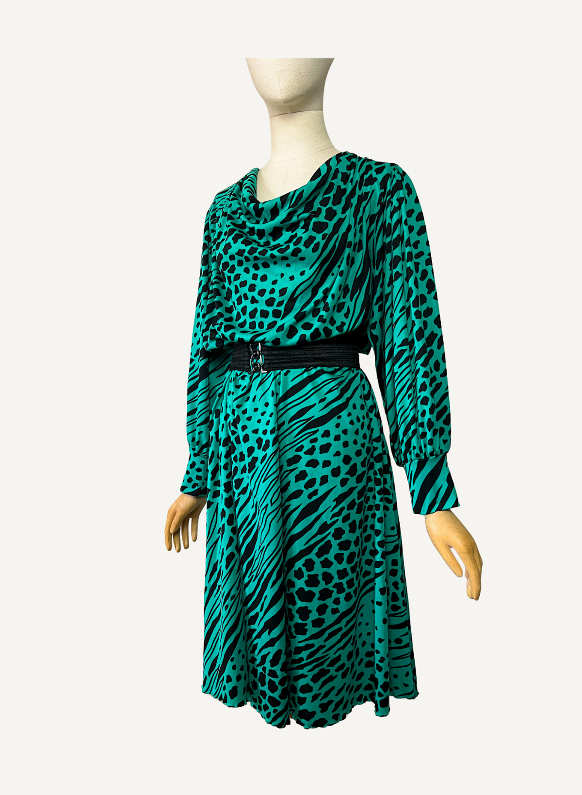 Robe Midi Vintage Verte & Noire - Imprimé Animalier - Made in France - T 40/42