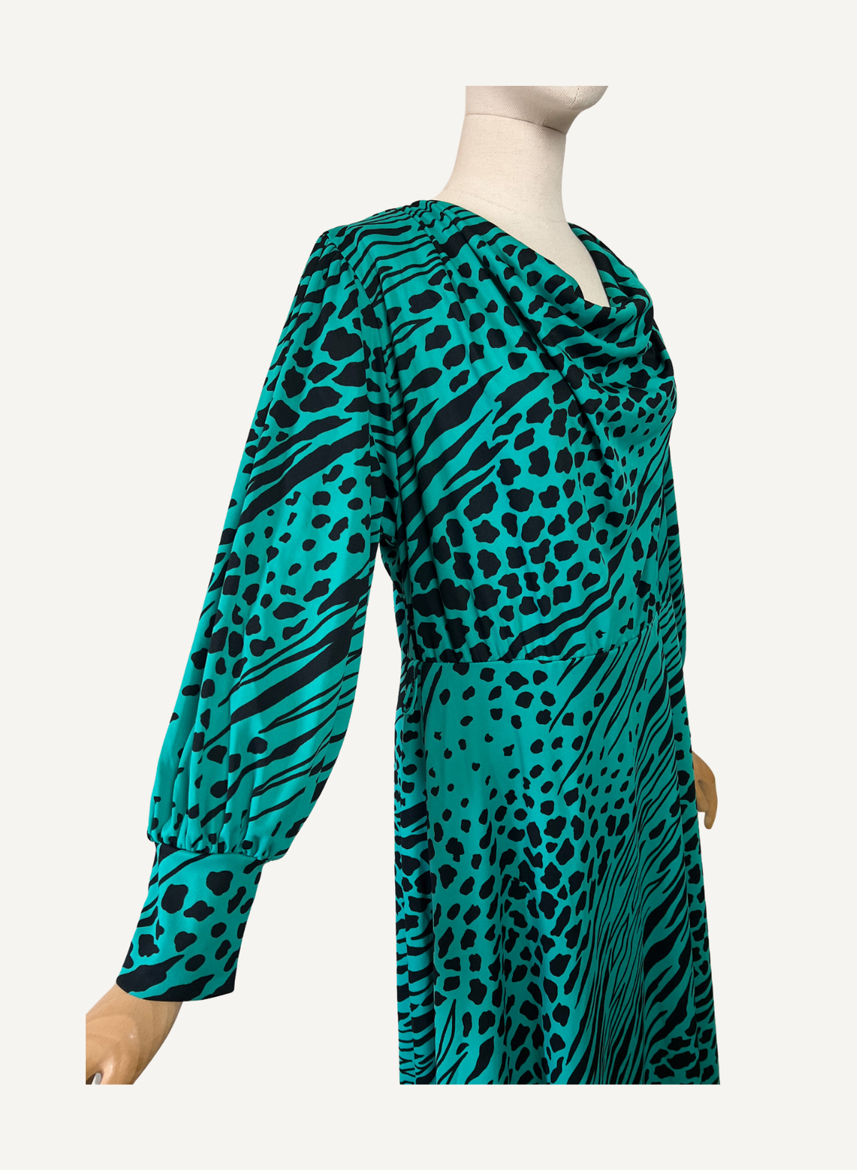 Robe Midi Vintage Verte & Noire - Imprimé Animalier - Made in France - T 40/42