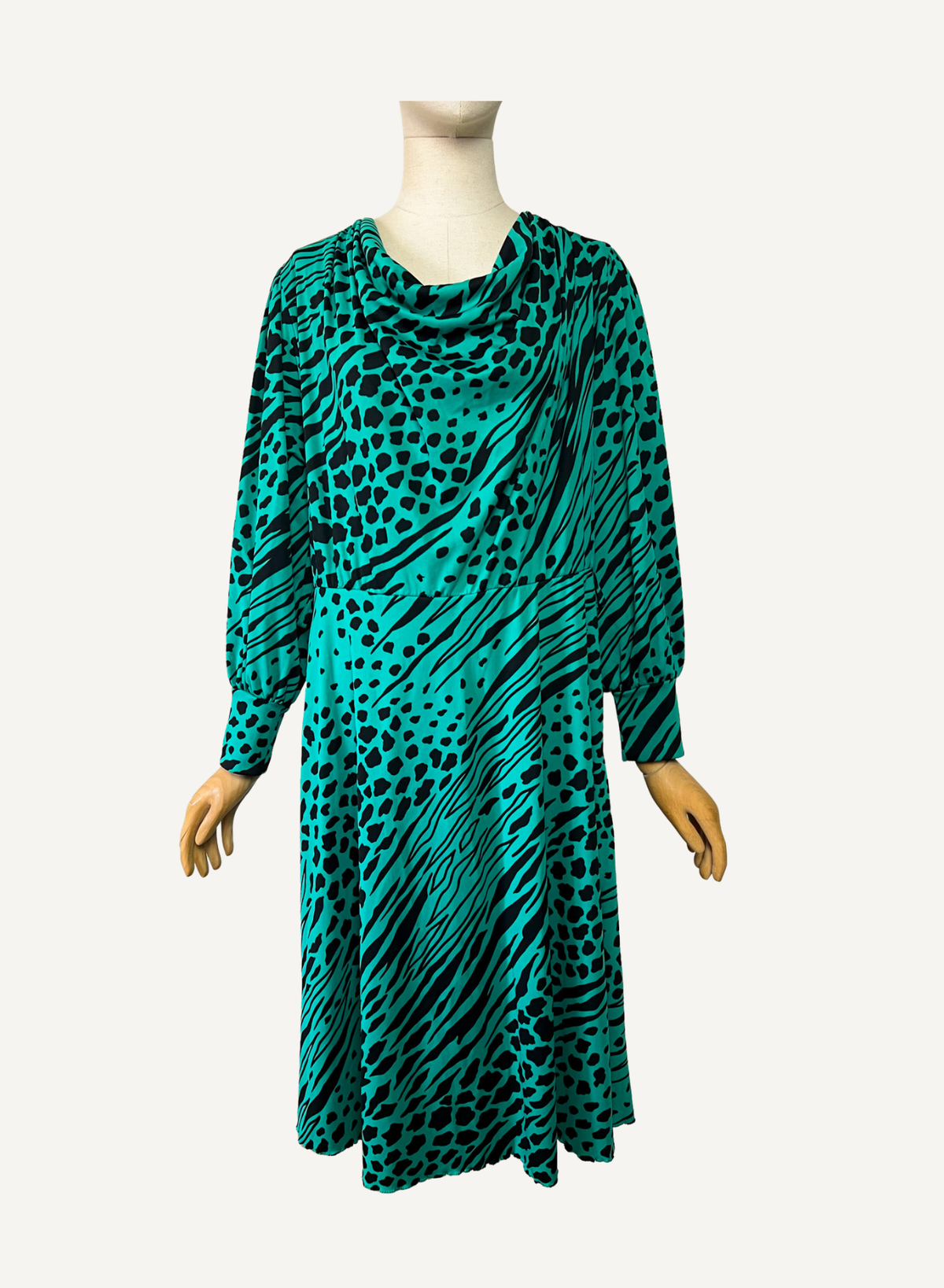 Robe Midi Vintage Verte & Noire - Imprimé Animalier - Made in France - T 40/42