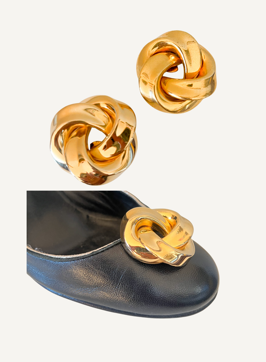 Clips à chaussures vintage nœud entrelacé métal doré Neuf en boîte Deadstock 1980s