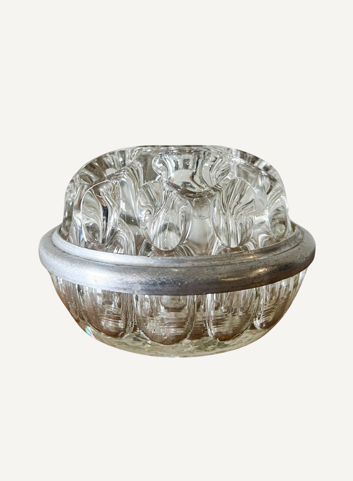 Ancien Pique-Fleurs Vintage en Verre Moulé & Anneau Métal - Déco Florale