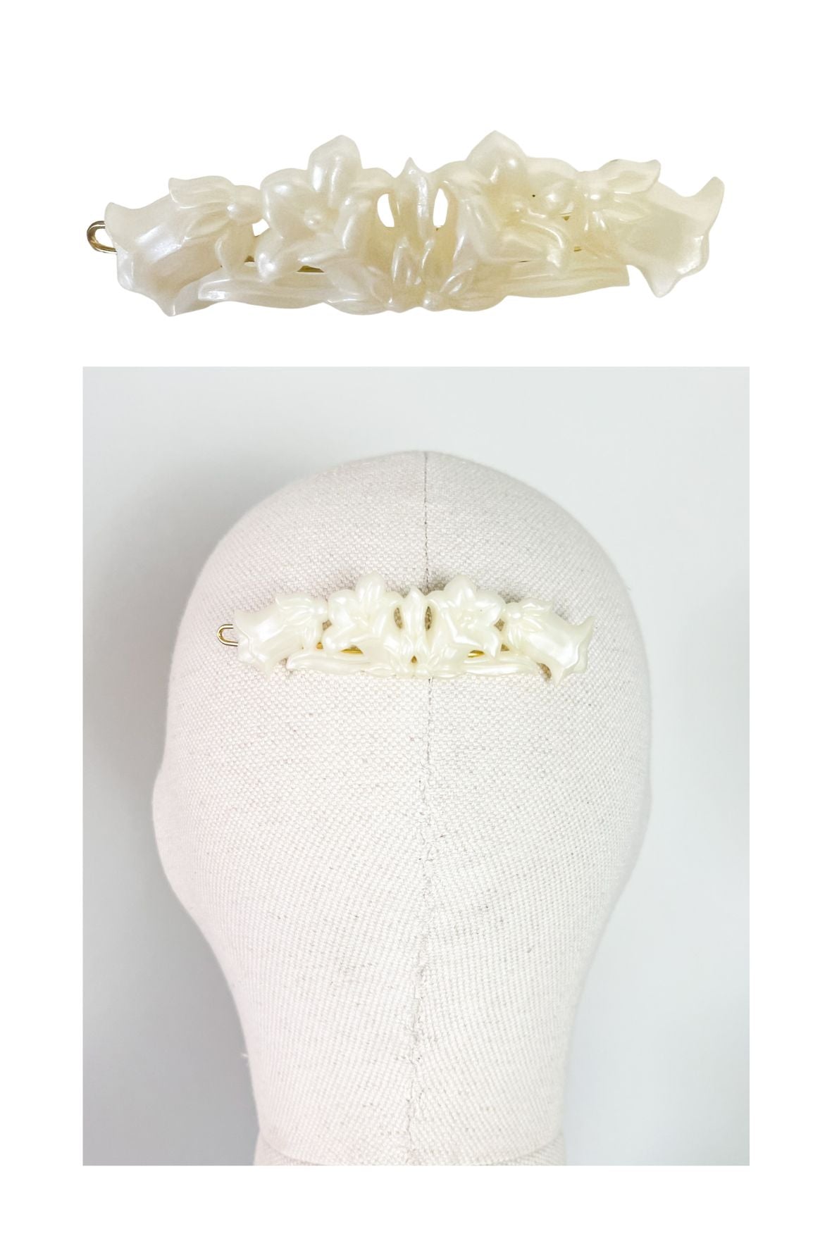 Barrette Vintage Années 80 Blanc Crème Nacré – Motif Fleurs Sculptées_Modèle1