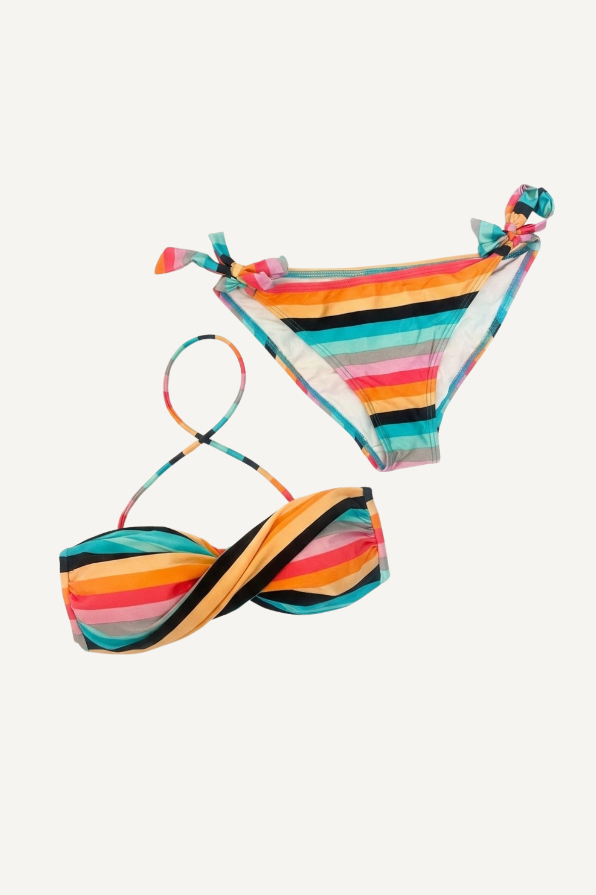 Maillot de Bain 2 Pièces - Imprimé Rayures Multicolores - Bandeau & Nœuds - Dag Adom - T. M (38)
