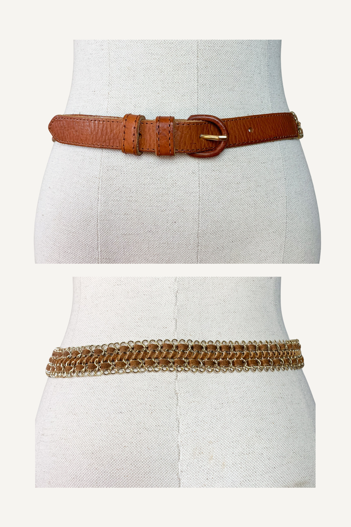Ceinture Vintage Années 90 Cuir Véritable Camel & Chaînes Dorées - T 75