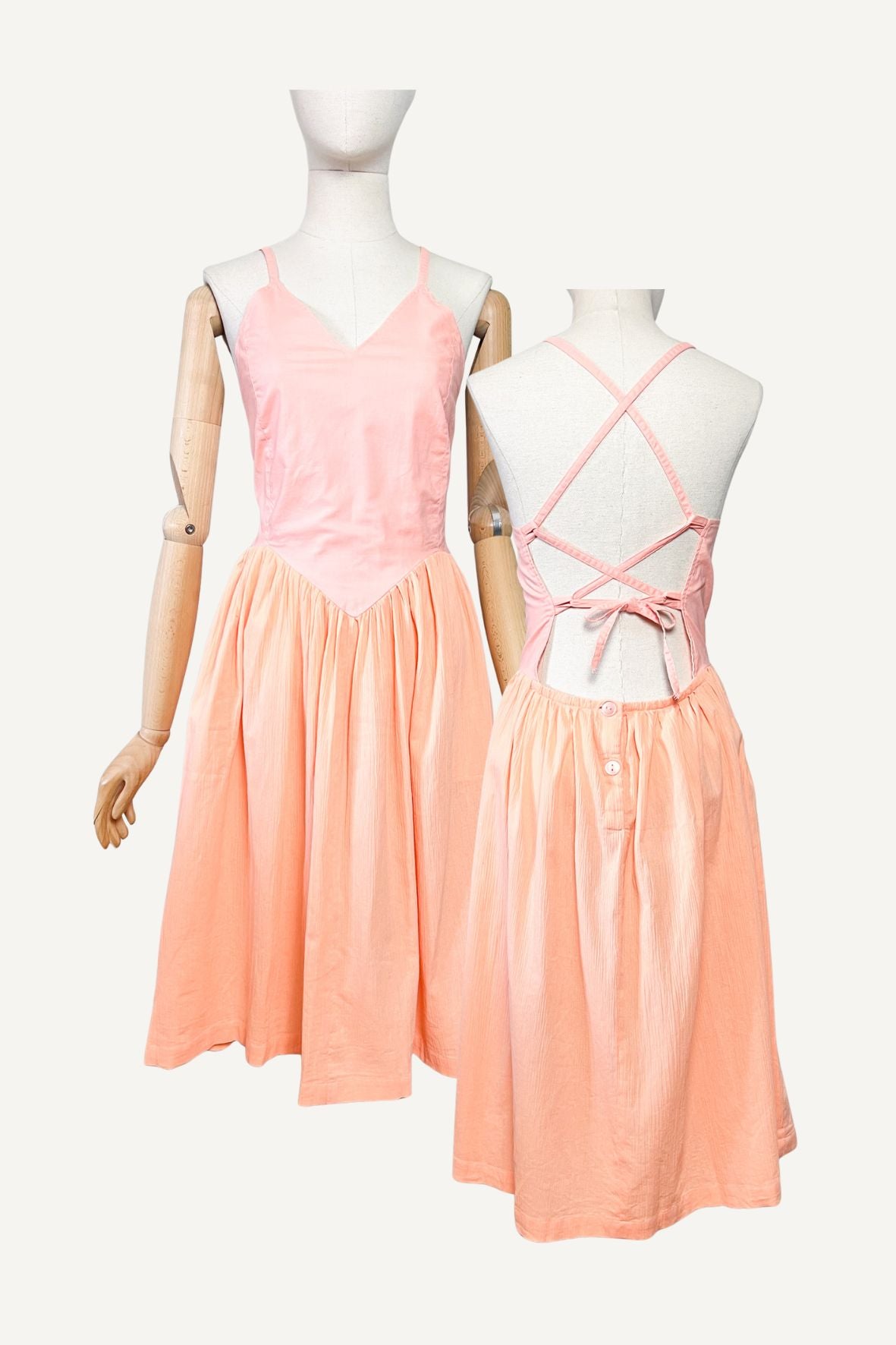 Robe midi Vintage Années 80 90 Abricot 100% Coton – Dos Nu Lacé– T34/36
