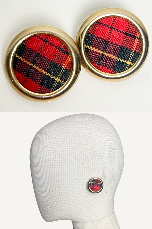Boucles d'Oreilles Clips Vintage années 80 90 - Motif Tartan Rétro - Rouge, Noir et Doré