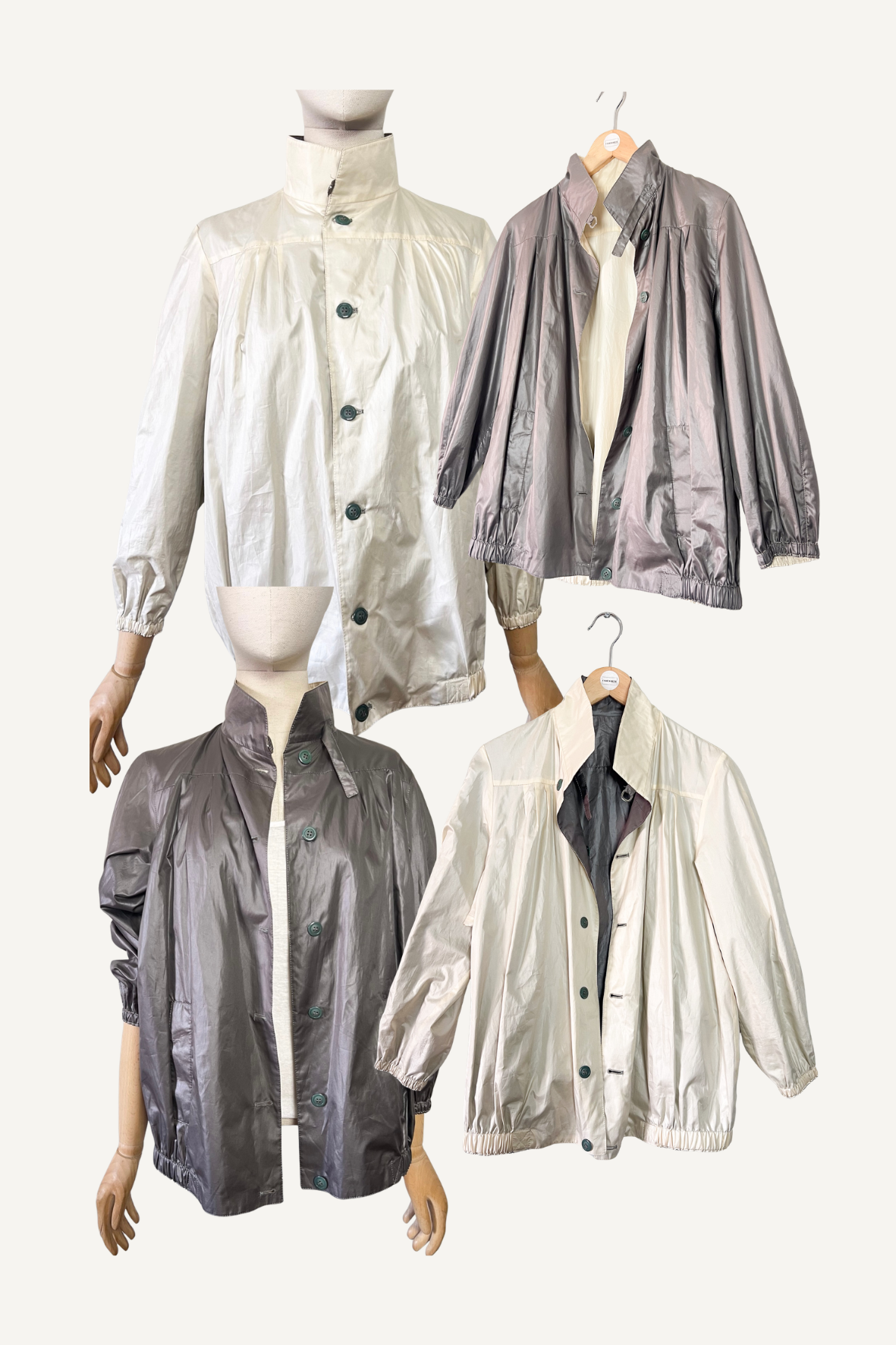 Blouson Coupe-vent Réversible Vintage - Coupe "Boule" 80s/90s - Crème & Marron Glacé - T. 40/42