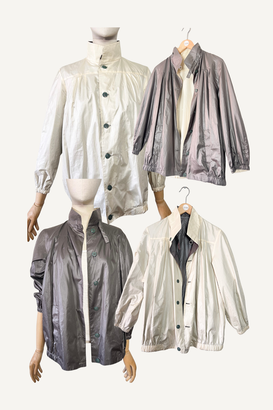 Blouson Coupe-vent Réversible Vintage - Coupe "Boule" 80s/90s - Crème & Marron Glacé - T. 40/42