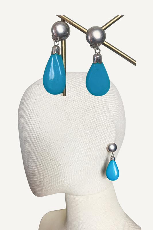 Boucles d'oreilles clips Pendantes Vintage Années 80 90 Coloris Turquoise Pailleté & Argenté - Forme Goutte