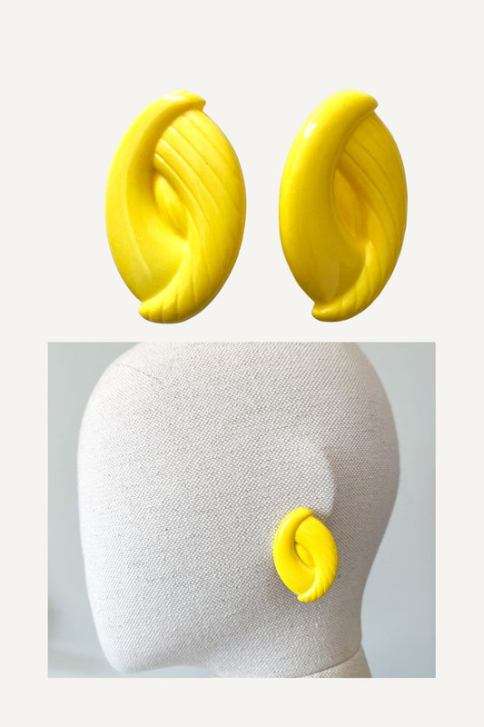 Boucles d'Oreilles Clips Vintage Années 80 Jaune Vif – Forme Volute / Goutte