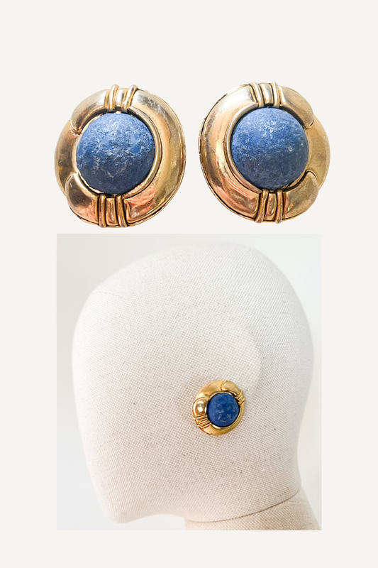 Boucles d'oreilles clips vintage Années 80 90 Chorange Paris - Doré & Pierre bleue