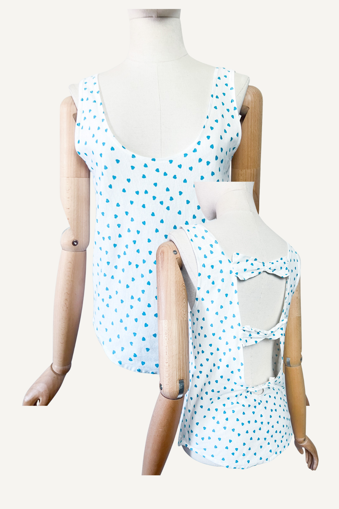 Débardeur Vintage Années 80 90 Dos Nu à Nœuds Imprimé Cœurs bleu turquoise – Fabriqué en France – T36/38