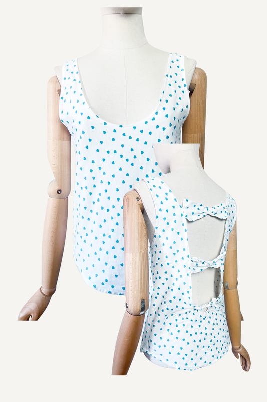 Débardeur Vintage Années 80 90 Dos Nu à Nœuds Imprimé Cœurs bleu turquoise – Fabriqué en France – T36/38