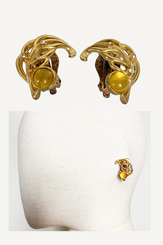 Boucles d’oreilles Clips VINTAGE Années 80 90 Métal Doré & Pierre Jaune Translucide - Strass - Bijou Chic Fantaisie