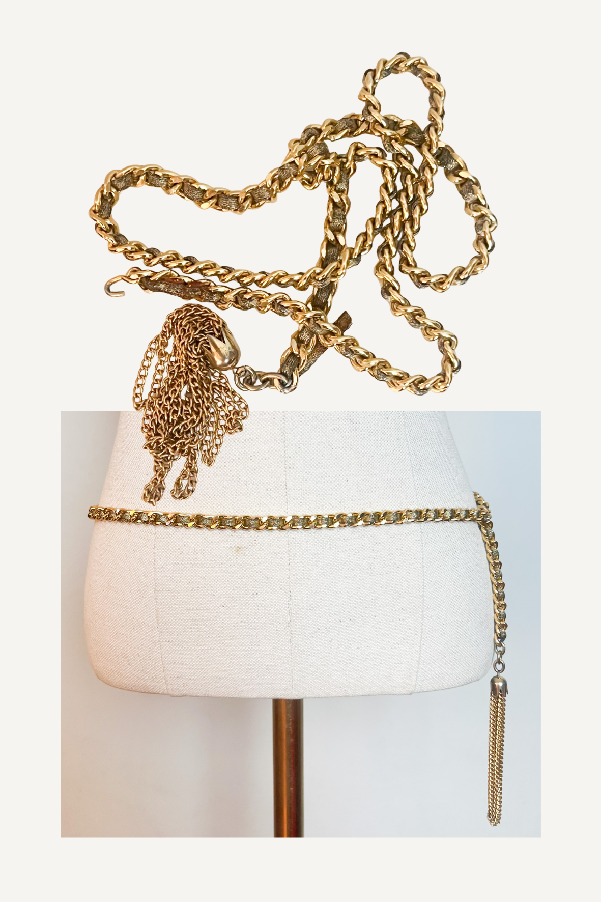 Ceinture Chaîne Vintage 70s Metal Doré & Ruban Lurex Bronze à Pompon Franges