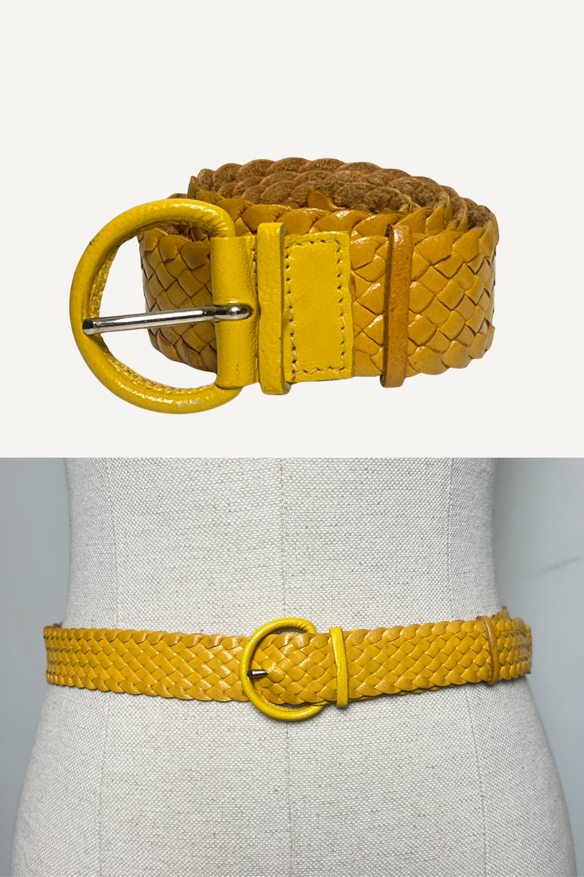 Ceinture Vintage Jaune en Cuir de Chèvre Tressé - Taille 75 - Made in France