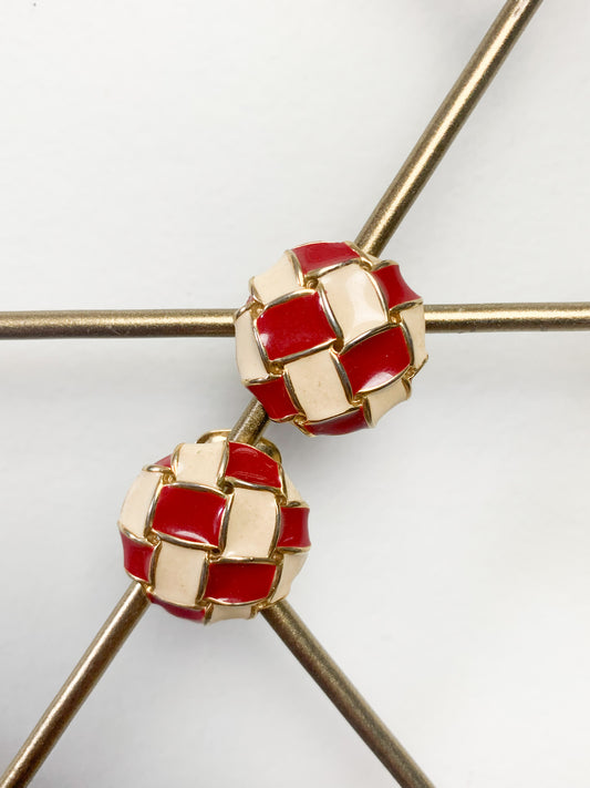 Boucles d'Oreilles Clips Vintage Boule Tressée Émaillée Rouge, Crème & Doré - Années 80/90 - Bijou Fantaisie Rétro