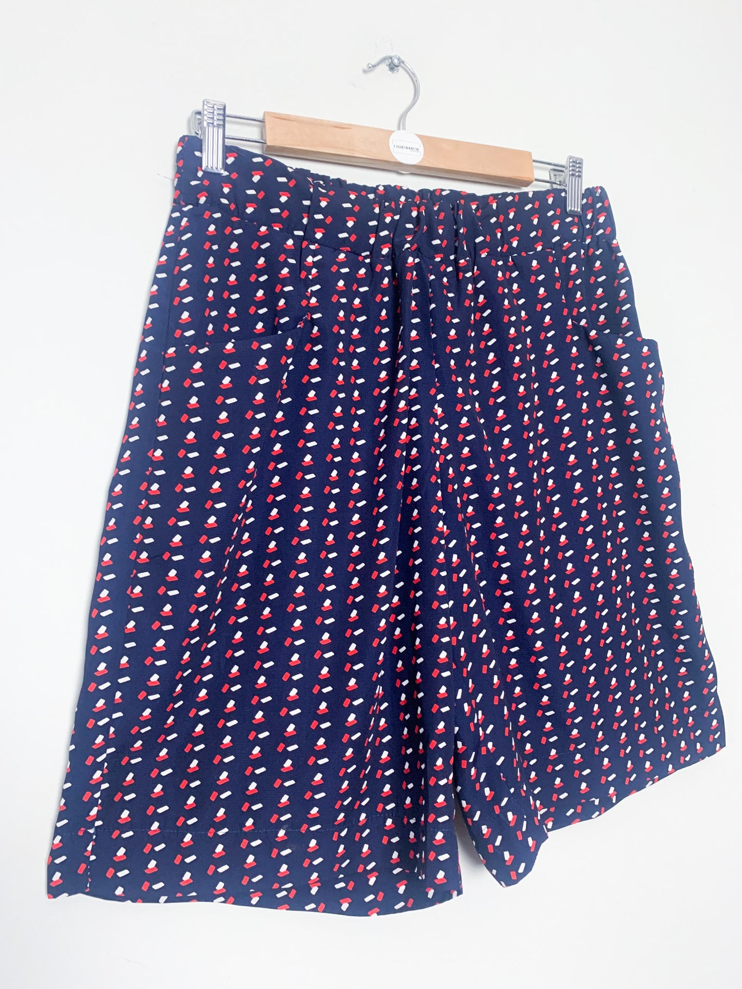Bermuda Fluide Vintage Années 80 90 Marine Imprimé Géométrique – Taille Haute – T 40
