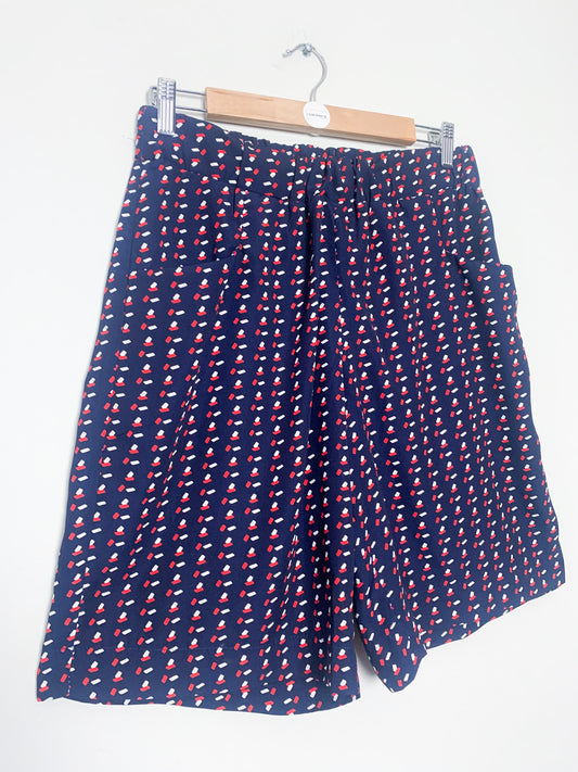 Bermuda Fluide Vintage Années 80 90 Marine Imprimé Géométrique – Taille Haute – T 40