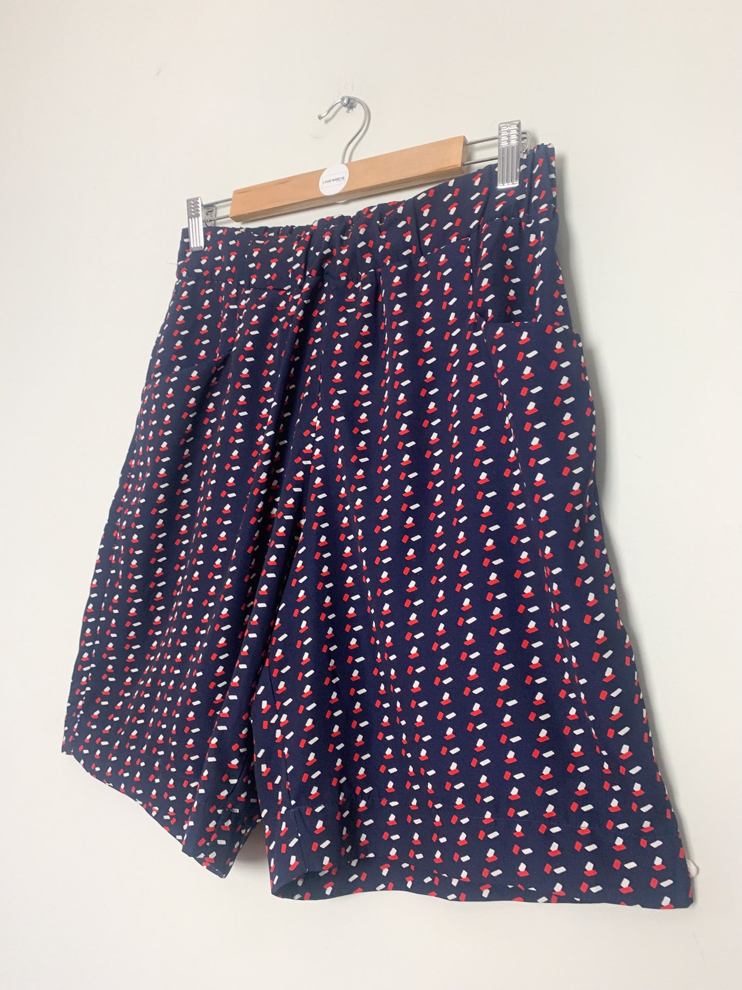 Bermuda Fluide Vintage Années 80 90 Marine Imprimé Géométrique – Taille Haute – T 40