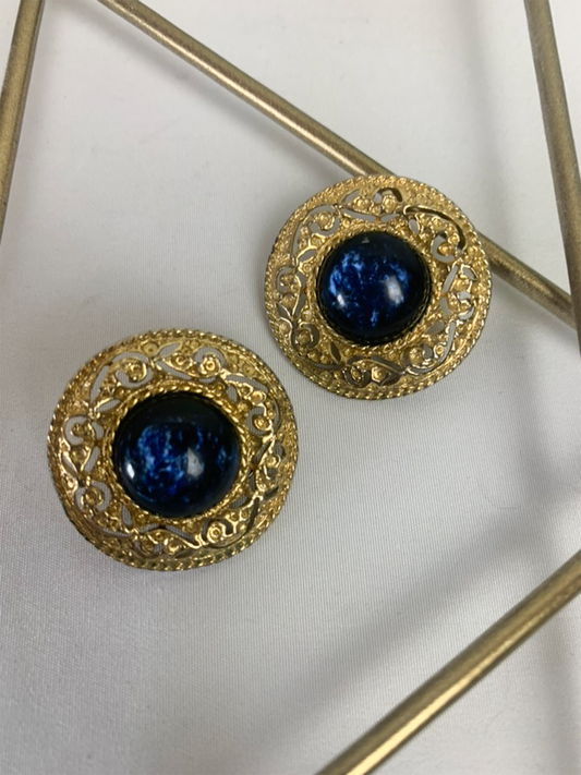 Boucles d'oreilles clips dorées et bleues vintage