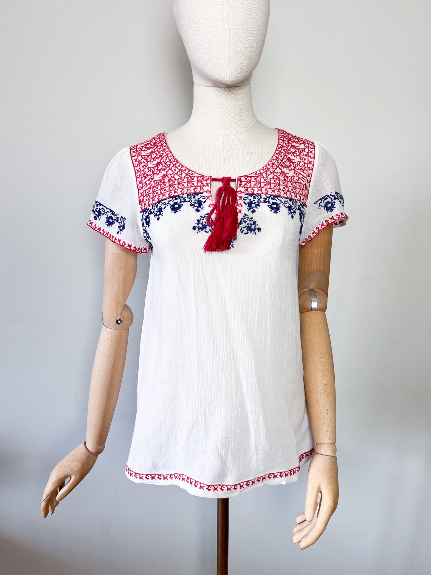 Blouse Folk - 100% Coton - Broderies Bohèmes & Pompons Lynn Adler - T. 36