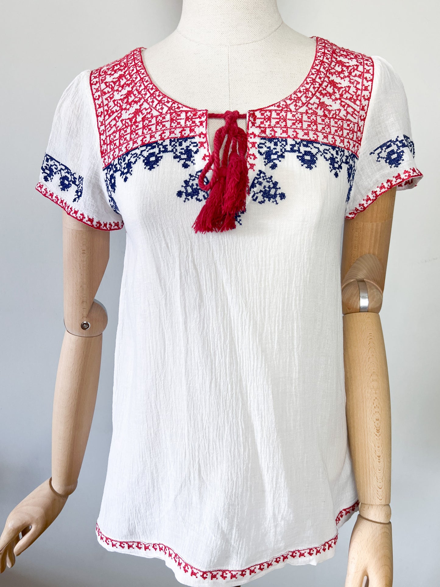 Blouse Folk - 100% Coton - Broderies Bohèmes & Pompons Lynn Adler - T. 36