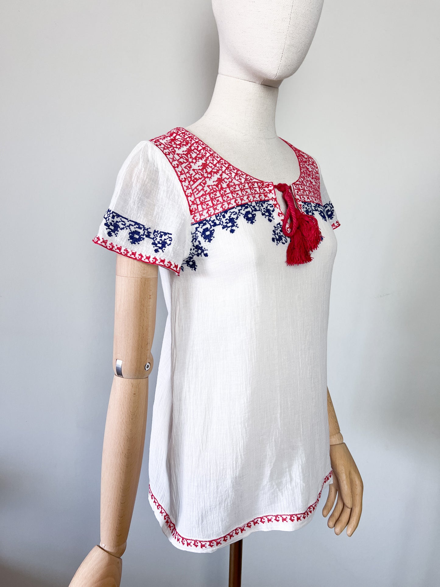 Blouse Folk - 100% Coton - Broderies Bohèmes & Pompons Lynn Adler - T. 36