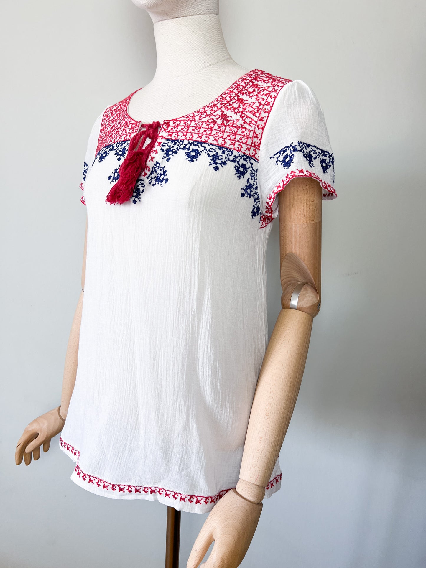 Blouse Folk - 100% Coton - Broderies Bohèmes & Pompons Lynn Adler - T. 36