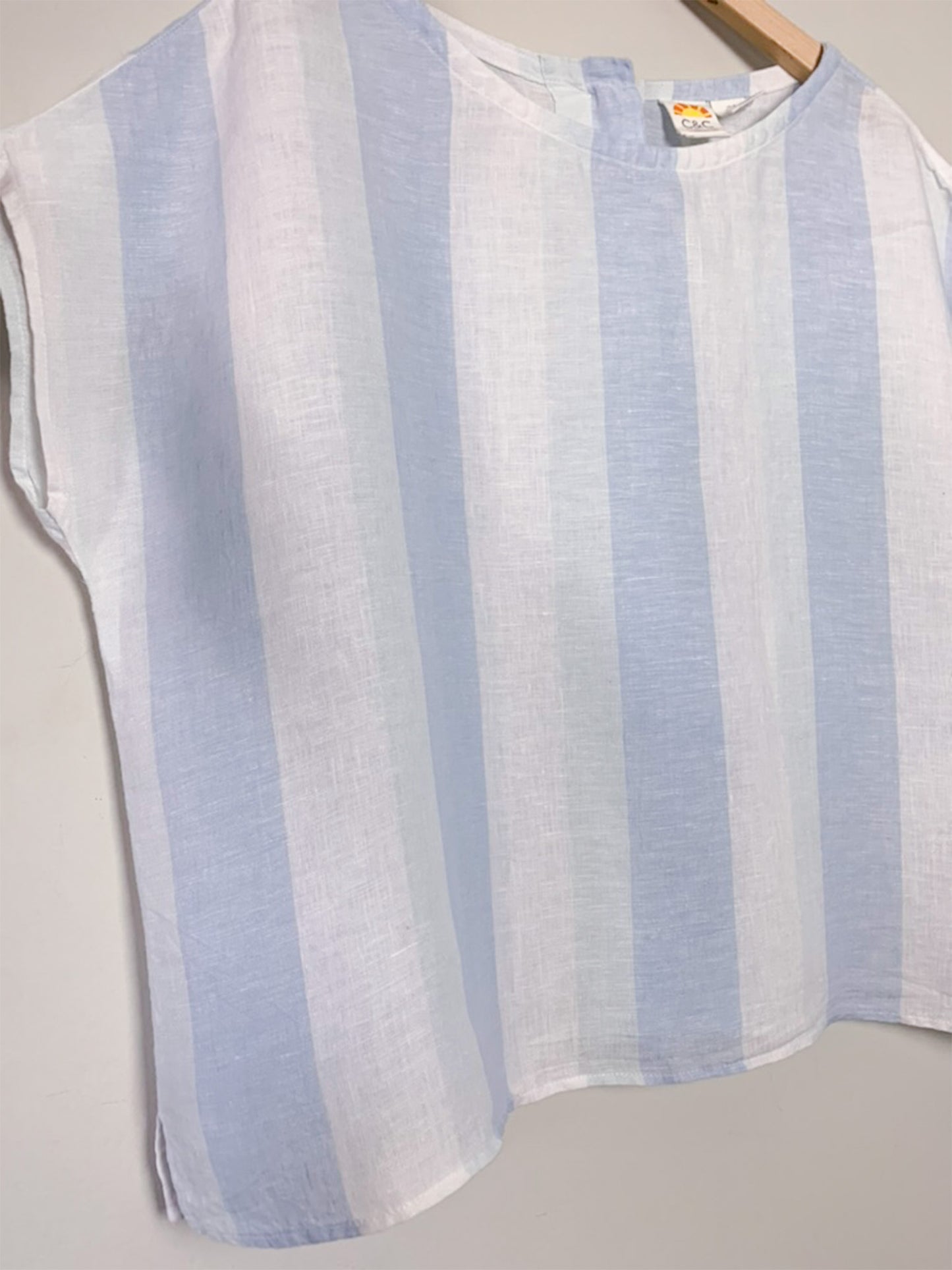 Blouse Boxy Vintage Années 90 - Rayures Marine & Blanc 100% Lin - Boutons Nacrés - T. 40