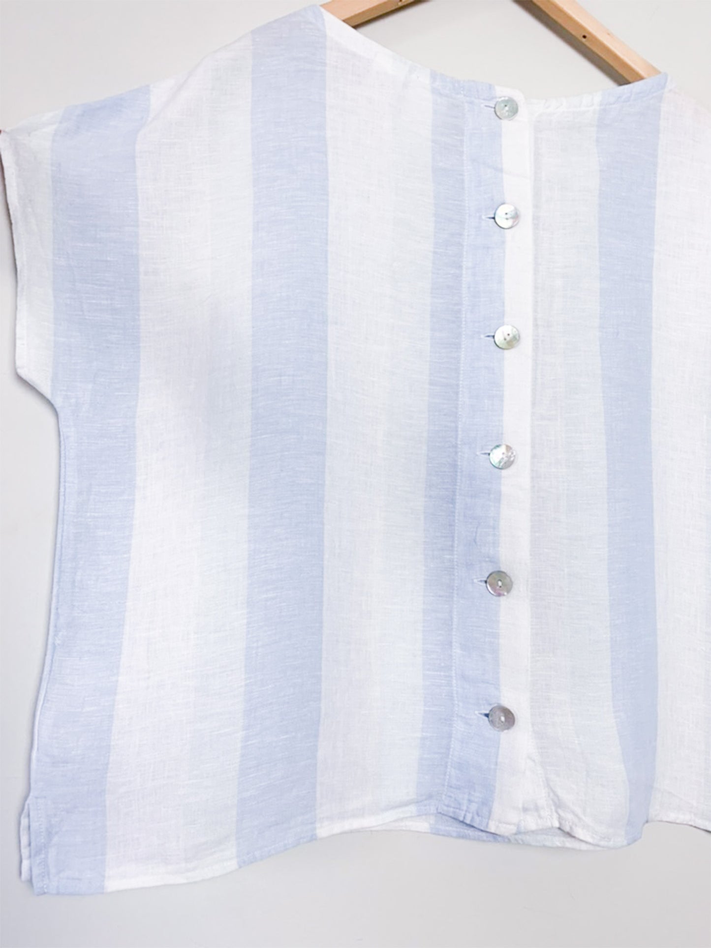 Blouse Boxy Vintage Années 90 - Rayures Marine & Blanc 100% Lin - Boutons Nacrés - T. 40