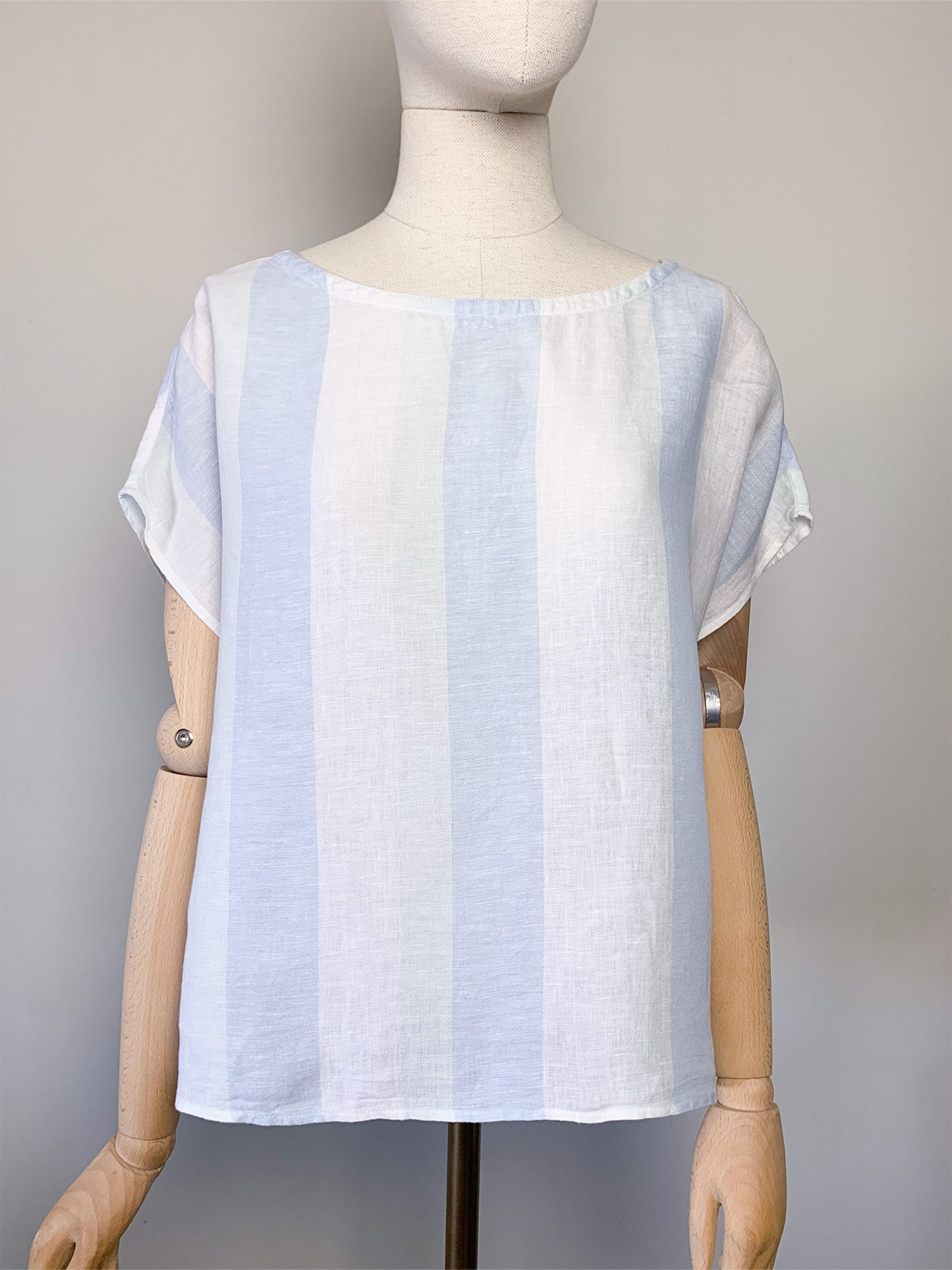 Blouse Boxy Vintage Années 90 - Rayures Marine & Blanc 100% Lin - Boutons Nacrés - T. 40