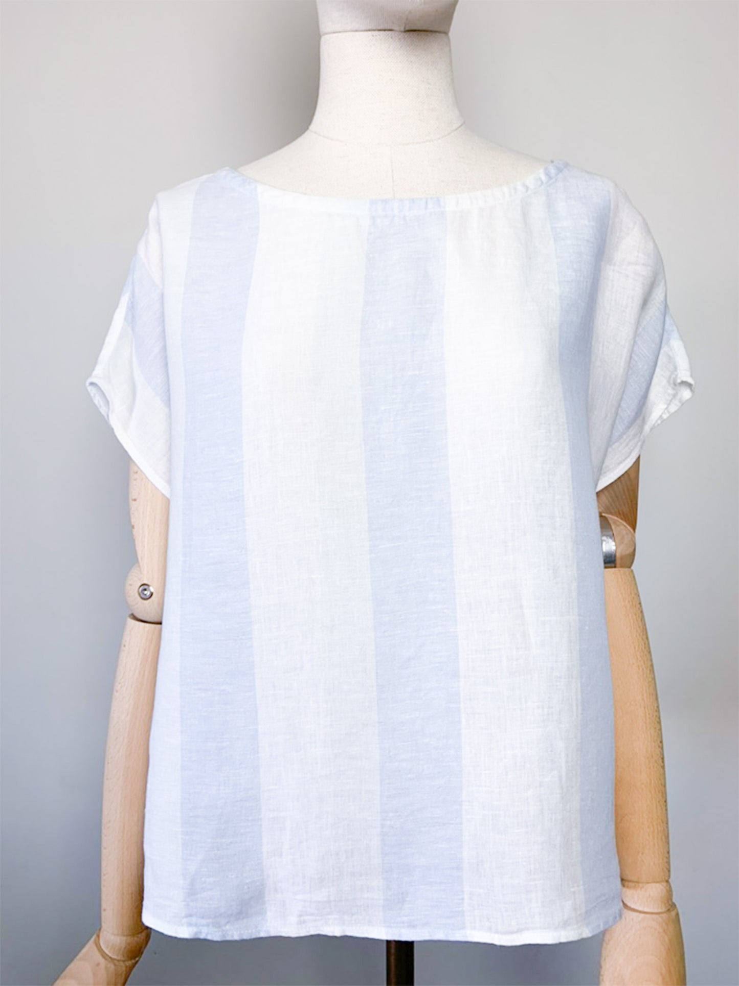 Blouse Boxy Vintage Années 90 - Rayures Marine & Blanc 100% Lin - Boutons Nacrés - T. 40