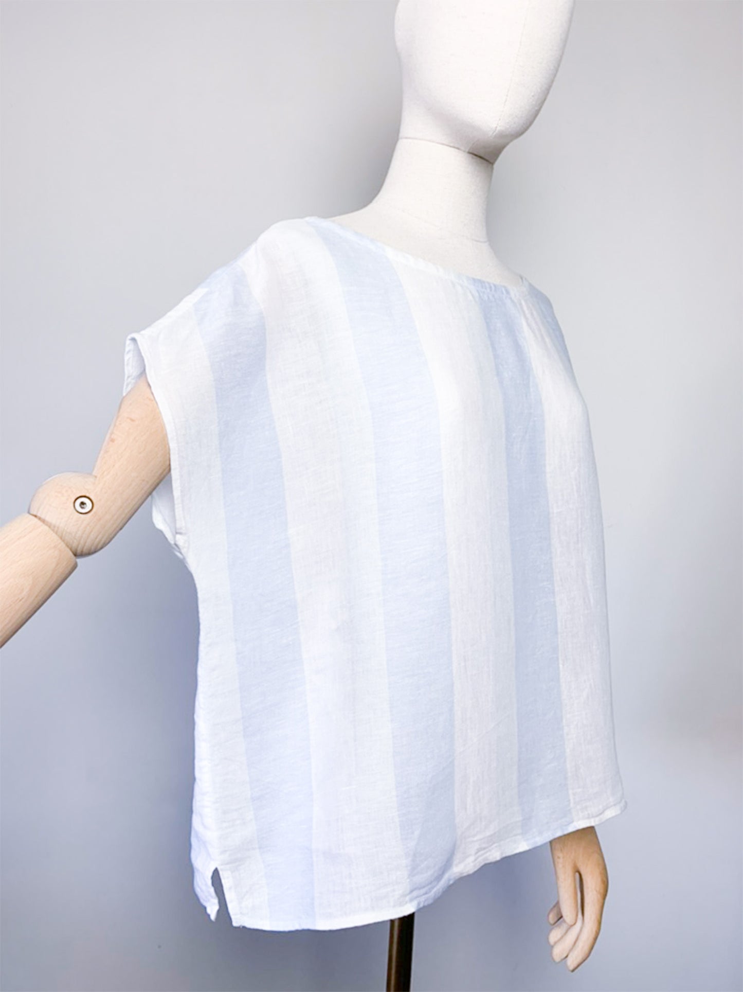 Blouse Boxy Vintage Années 90 - Rayures Marine & Blanc 100% Lin - Boutons Nacrés - T. 40