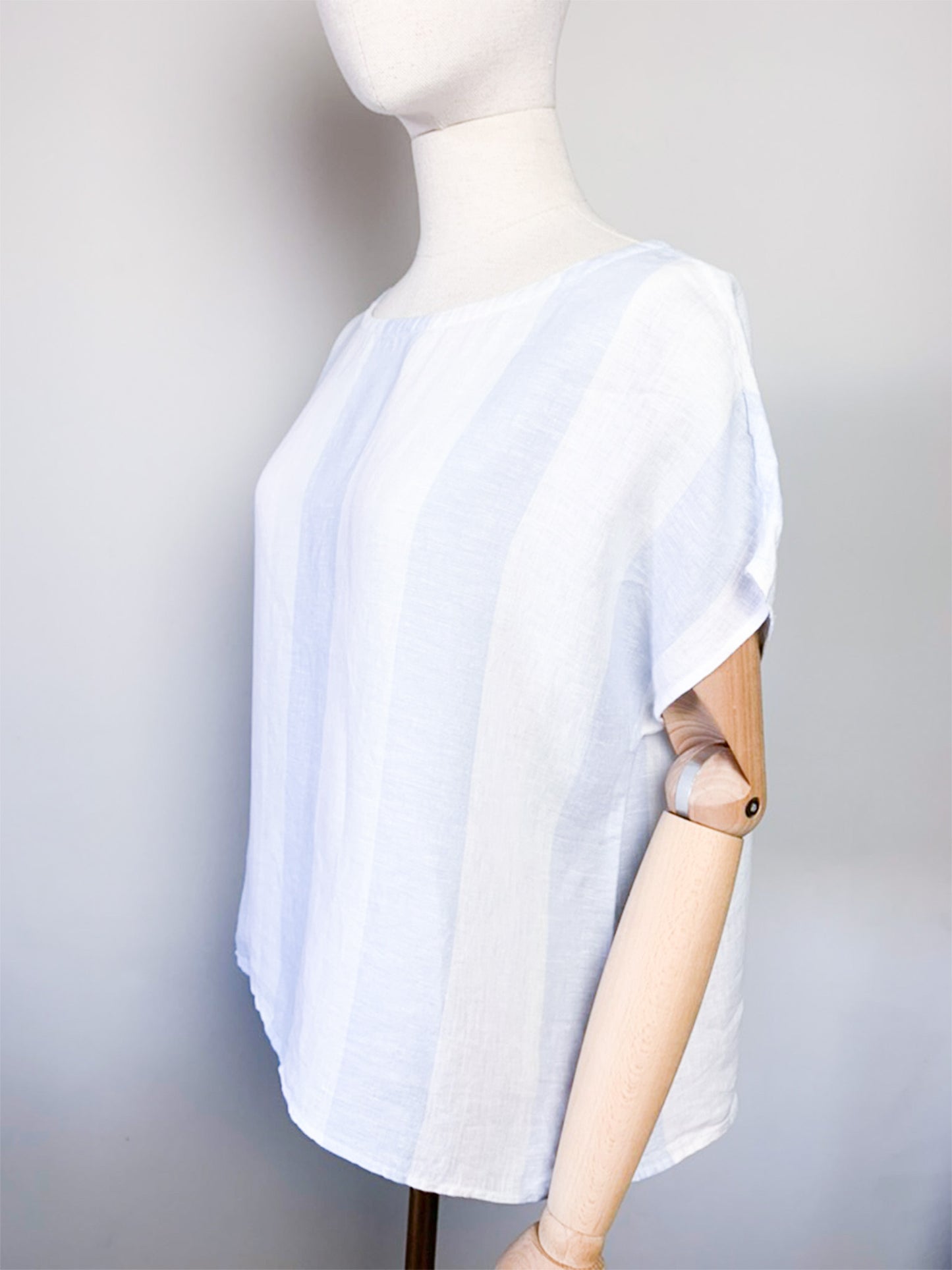 Blouse Boxy Vintage Années 90 - Rayures Marine & Blanc 100% Lin - Boutons Nacrés - T. 40