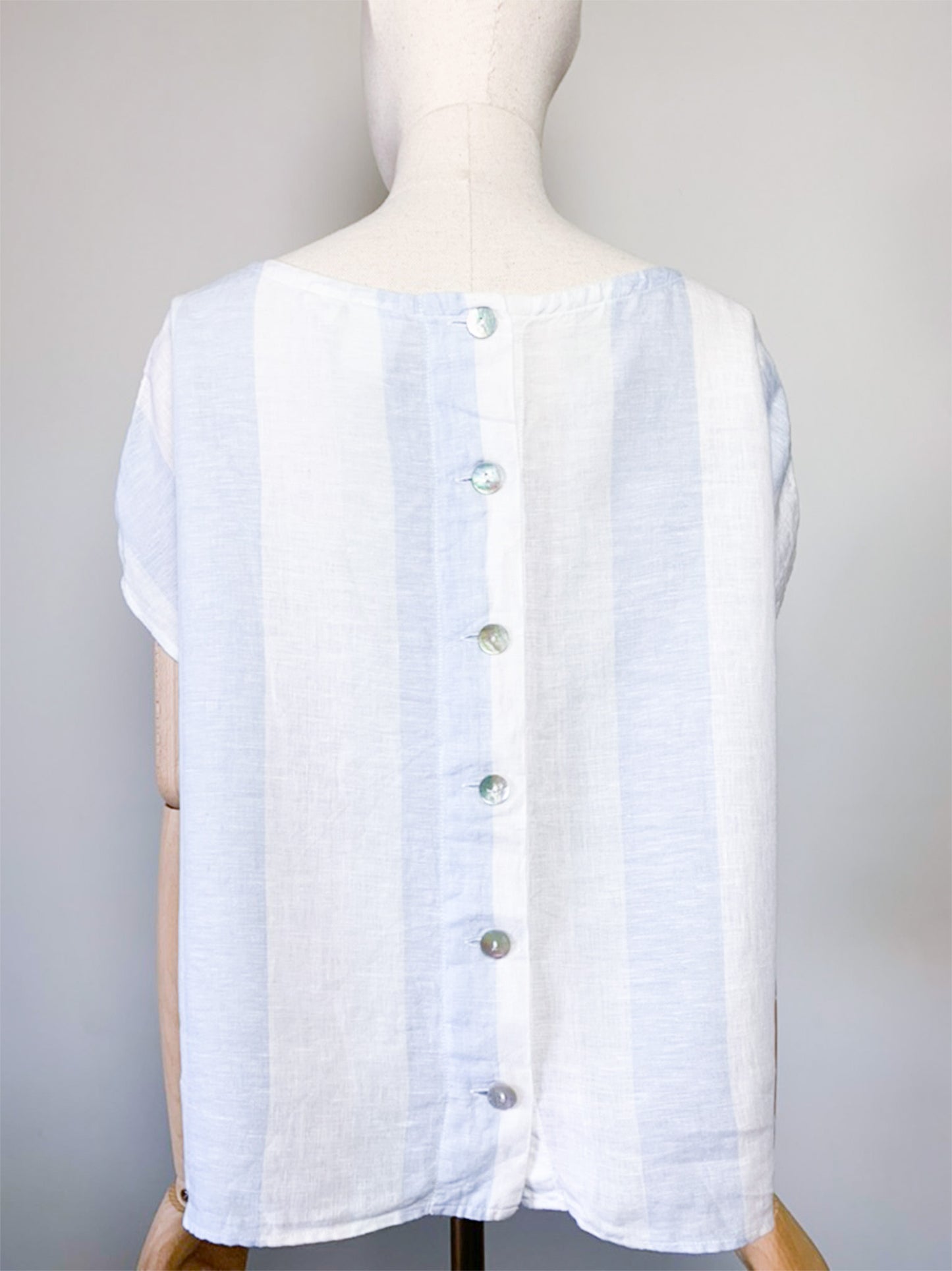 Blouse Boxy Vintage Années 90 - Rayures Marine & Blanc 100% Lin - Boutons Nacrés - T. 40