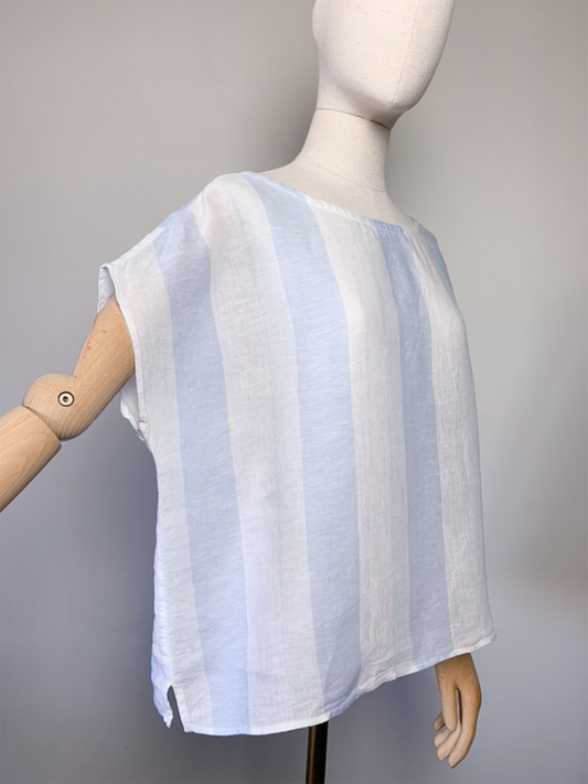 Blouse oversize manches courtes rayée bleu et blanc 100% lin vintage