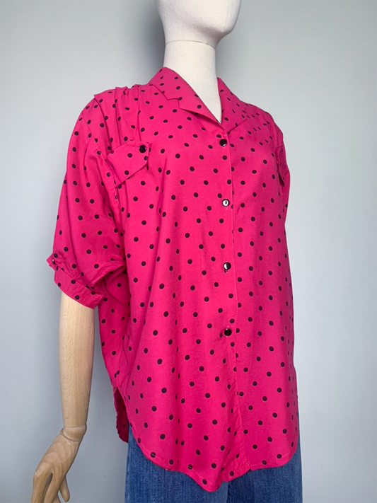 Chemise rose fuchsia pois noirs manches courtes vintage