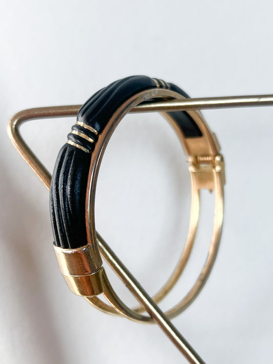 Bracelet Vintage Rigide Art Déco - Bicolore Noir et Doré - Années 80