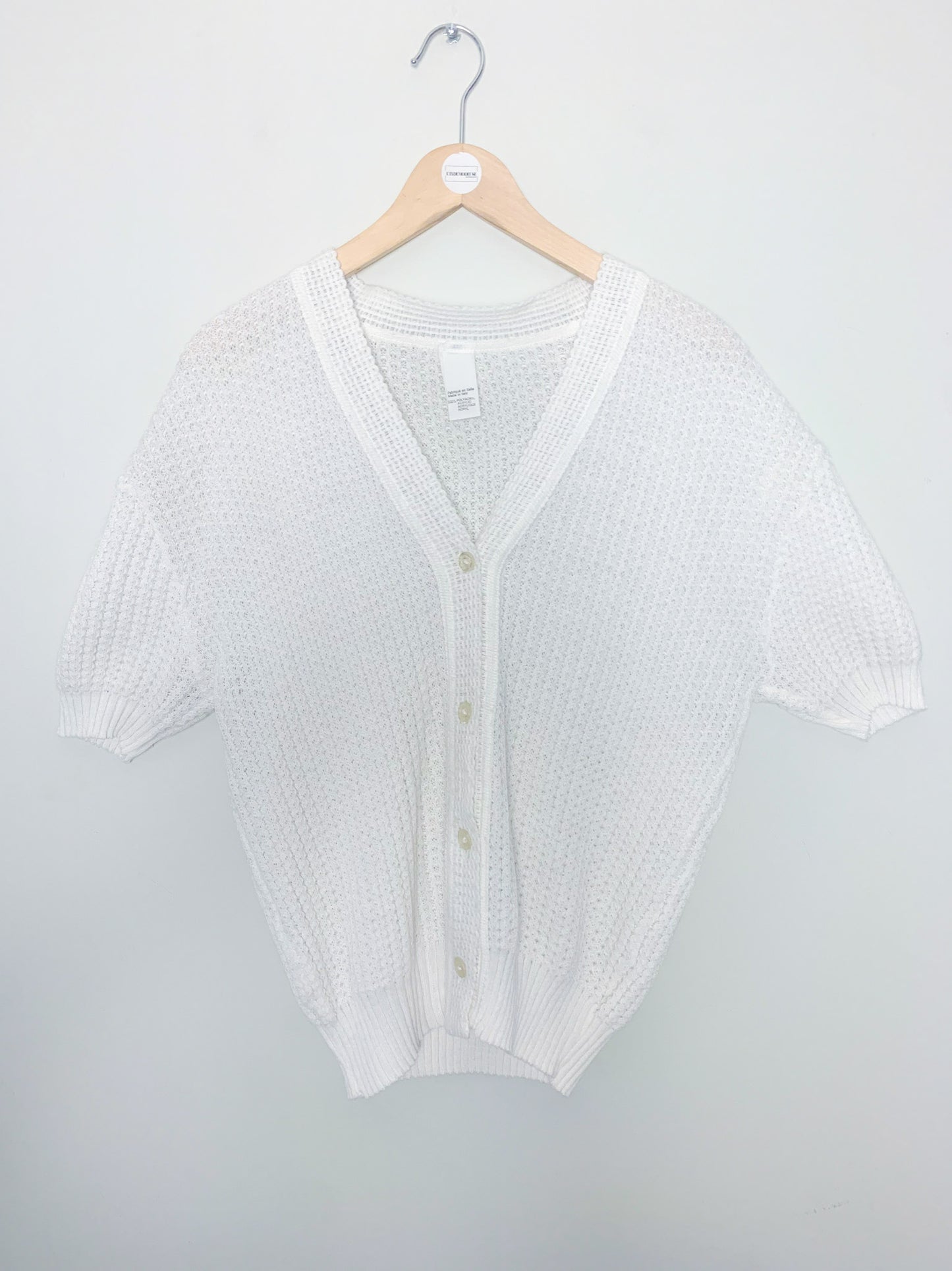 Cardigan Vintage Blanc en Maille Ajourée - Manches Courtes - T. 40