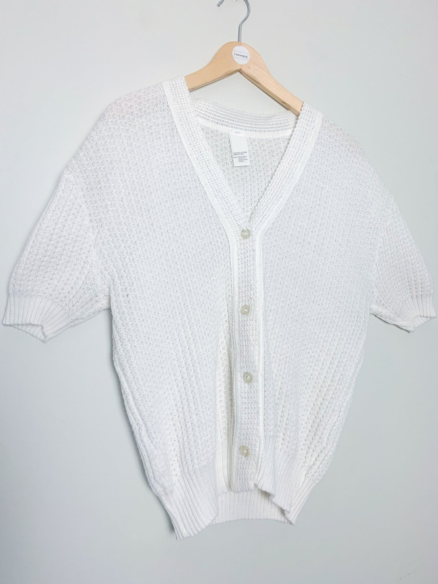 Cardigan Vintage Blanc en Maille Ajourée - Manches Courtes - T. 40