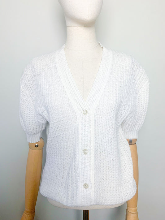 Cardigan Vintage Blanc en Maille Ajourée - Manches Courtes - T. 40