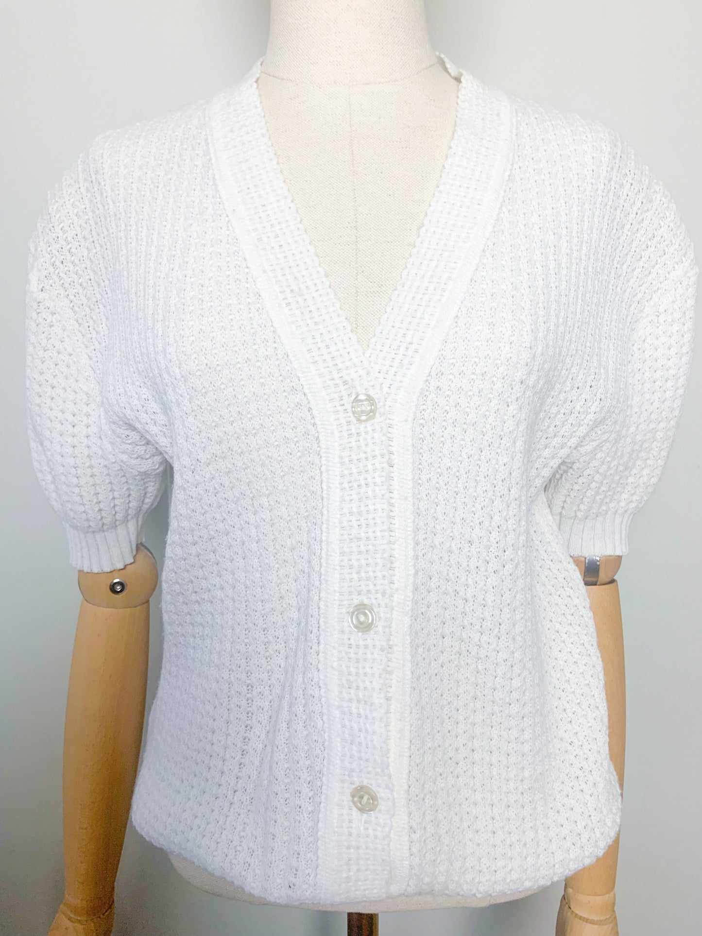 Cardigan Vintage Blanc en Maille Ajourée - Manches Courtes - T. 40