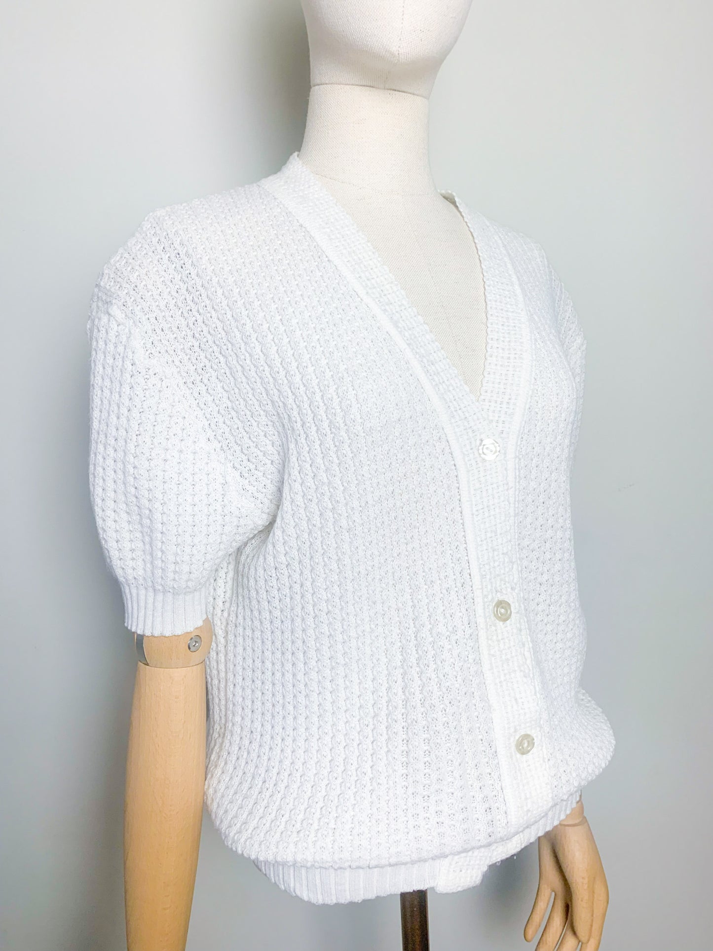 Cardigan Vintage Blanc en Maille Ajourée - Manches Courtes - T. 40
