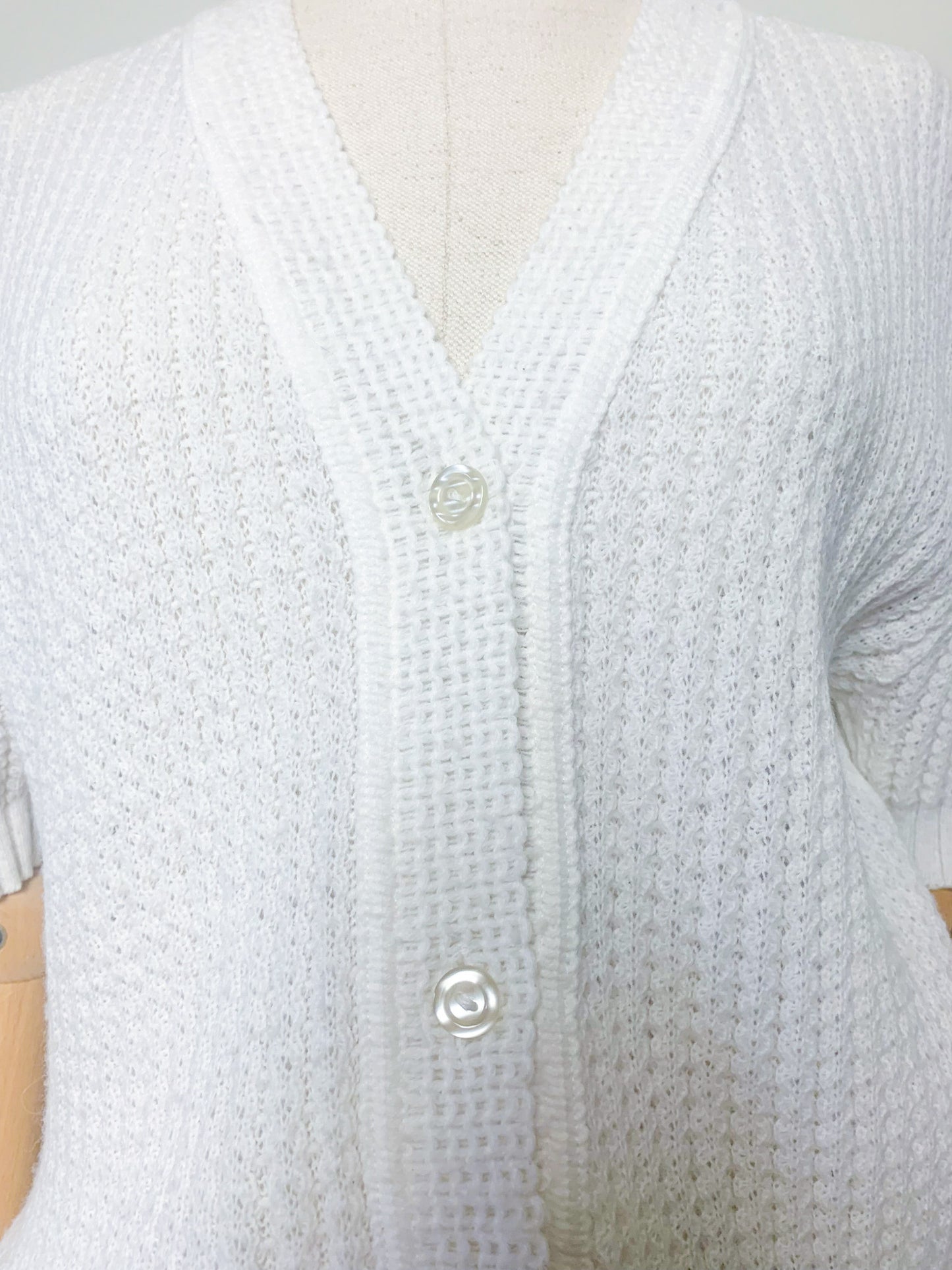 Cardigan Vintage Blanc en Maille Ajourée - Manches Courtes - T. 40