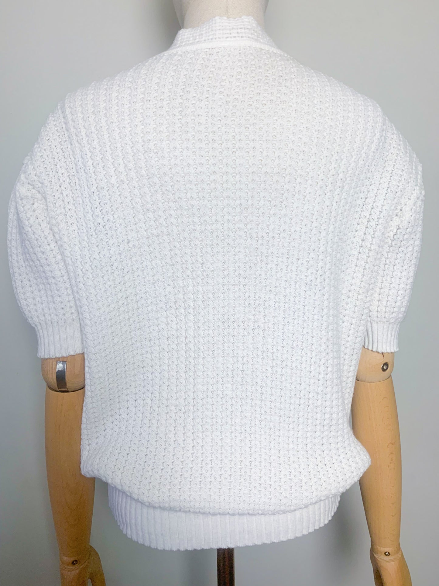 Cardigan Vintage Blanc en Maille Ajourée - Manches Courtes - T. 40